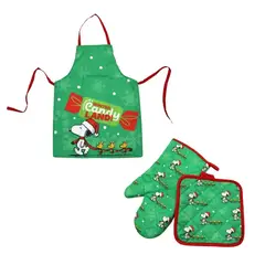 SNOOPY - Pack de Cocina Verde con Guante y Toma Olla + Mandil Delantal Adulto 60x80 cm