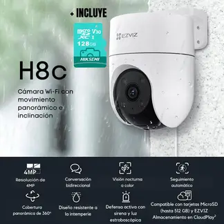 EZVIZ - Cámara IP Exterior H8C 4MP 2K 360° Tecnología IA + Micro SD 128gb