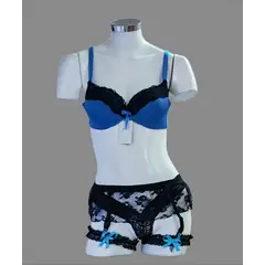 GENERICO - Set Conjunto de Encaje 5Pzas Azul Turqueza y Negro Talla Bra 36b Hilo S portaligas M Dealcoba