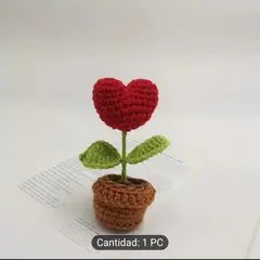 GENERICO - FLOR FORMA DE CORAZÓN CON MACETA TEJIDO A CROCHET - SAN VALENTÍN