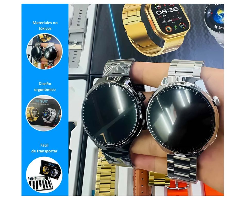 Smartwatch I70, Watch 4 PRO Suit + Ultra 2 + 7 Correas, plata