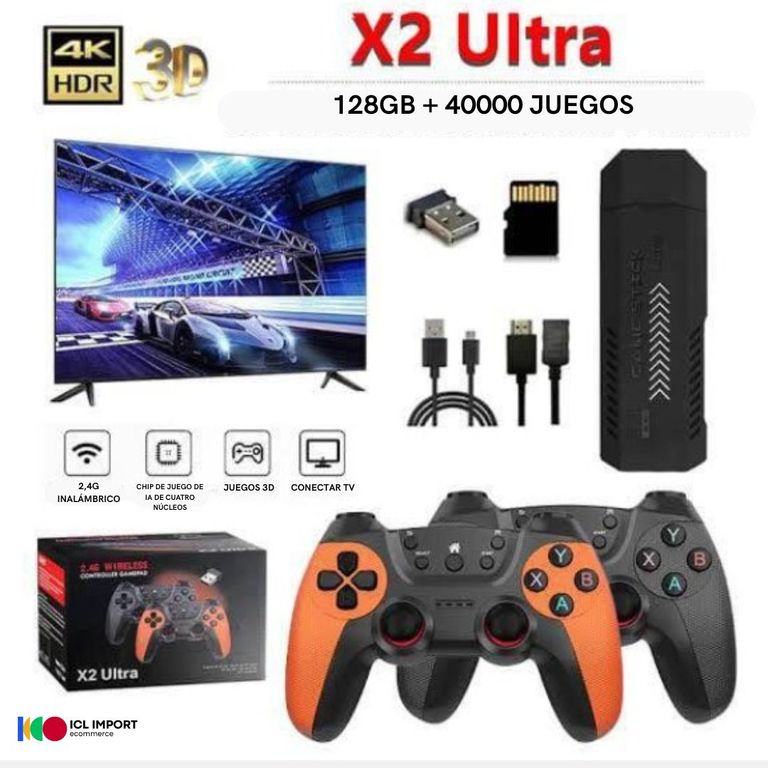 Consola X2 Ultra con doble mando inalámbrico, 4K, HD, 40.000 juegos, 128 GB