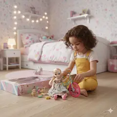 GENERICO - Juguete Muñeca de Vestido Beige y Turquesa con Bicicleta