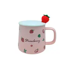 GENERICO - Taza de Cerámica de Fruta - Strawberry con Tapa y Cuchara