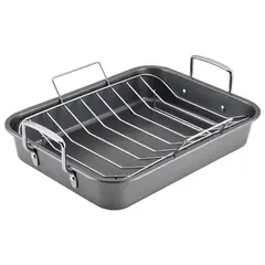 FARBERWARE - Bandeja rostizadora antiadherente con parrilla, 30.5 cm x 40.6 cm Gris