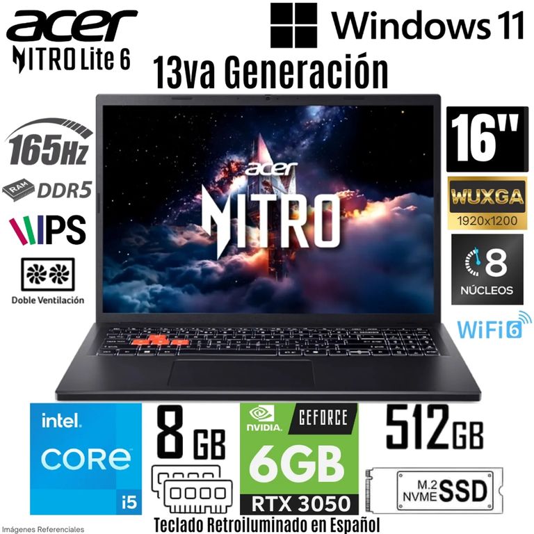 Laptop Nitro Lite 6 NL16-71G-52K7 Intel Core i5-13420H 8GB RAM 512GB SSD RTX3050 6GB 16”