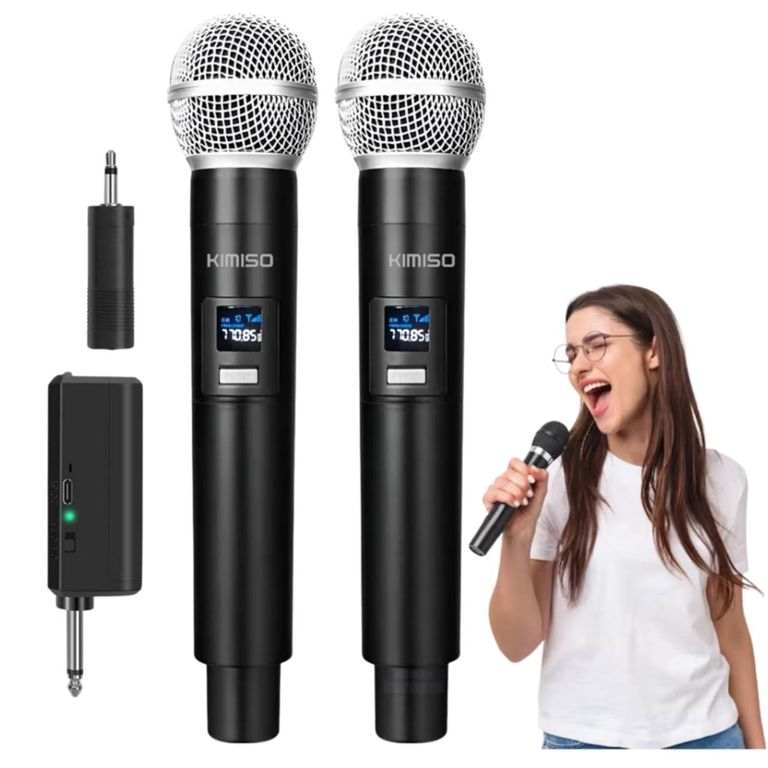 KIT 2 MICRÓFONOS INALÁMBRICOS COLOR NEGRO KIMISO KMS-901MC DUAL UHF CON RECEPTOR PARA KARAOKE
