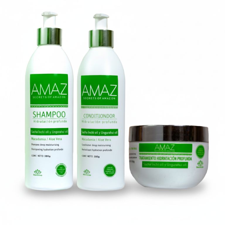 Kit Shampoo Acondicionador y Mascarilla Hidratación Profunda AMAZ- Sin Sal- Post Alisado- 380gr