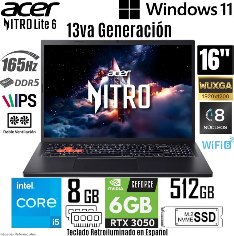Laptop Acer Nitro Lite 6 NL16-71G-52K7 Intel Core i5-13420H 8GB RAM 512GB SSD RTX3050 6GB 16”