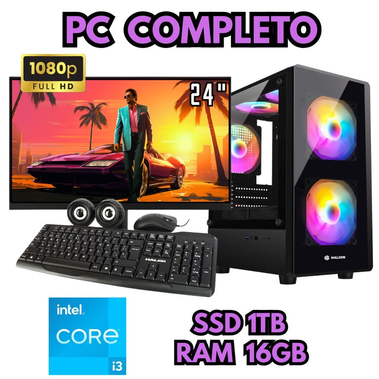 PC RGB COMPUTADORA I3 SSD 1TB RAM 16GB MONITOR FHD 24