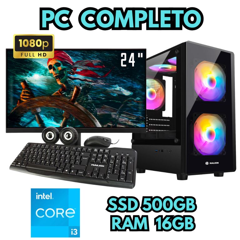 PC RGB COMPUTADORA I3 SSD 500GB RAM 16GB MONITOR FHD 24
