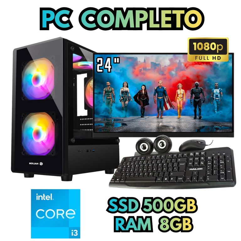 PC RGB COMPUTADORA I3 SSD 500GB RAM 8GB MONITOR FHD 24