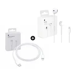 APPLE - Pack Audífonos EarPods Lightning + Cable Tipo C a Lightning Carga Rápida 2m Blanco