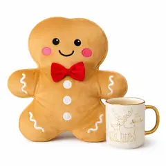 GENERICO - Combo Navideño Cojín Muñeco de Jengibre y Taza de Cerámica Blanca con Diseño Dorado