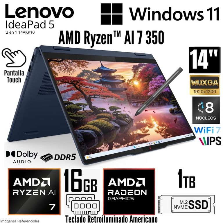 Laptop IdeaPad 5 2 en 1 14AKP10 AMD Ryzen AI 7 350 16GB DDR5 RAM 1TB SSD 14" WUXGA Touch