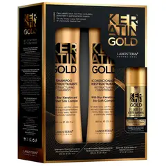 LANOSTERIN - Keratin Gold Shampoo 300ml + Acondicionador 300ml + Elixir de Aceite 47ml