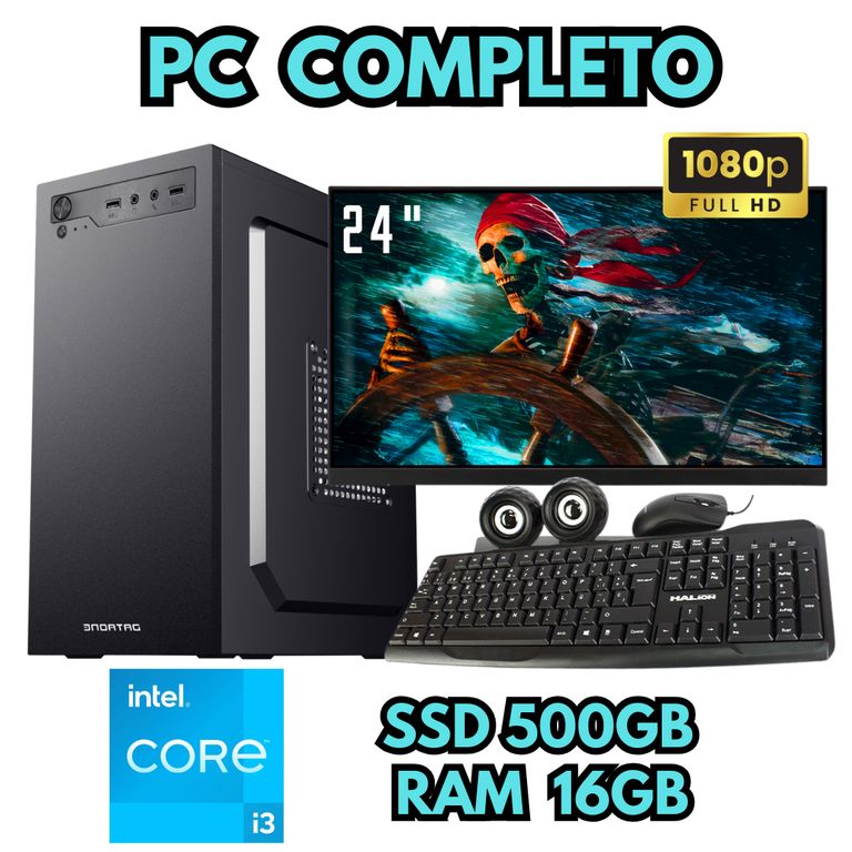 PC OFICINA I3 SSD 500GB RAM 16GB MONITOR FHD 24