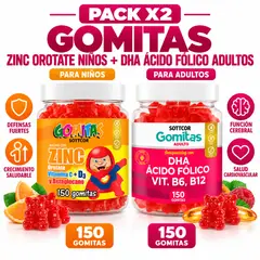 SOTTCOR LABS - PACK 2 GOMITAS ZINC OROTATE NIÑOS 150 UND + GOMITAS DHA ACIDO FOLICO ADULTOS 150 UND