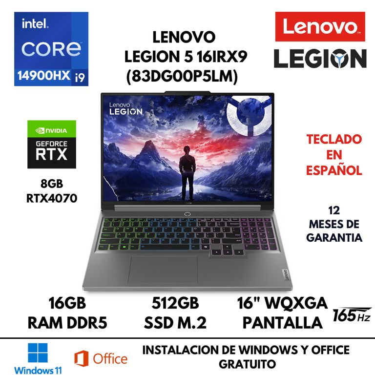 LAPTOP LEGION 5 16IRX9 CORE I9 14900HX 16GB RAM 512GB SSD 8GB RTX4070 16" FREEDOS LATINA