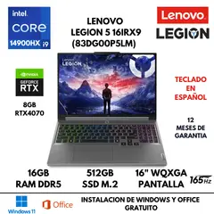 LENOVO - LAPTOP LEGION 5 16IRX9 CORE I9 14900HX 16GB RAM 512GB SSD 8GB RTX4070 16" FREEDOS LATINA