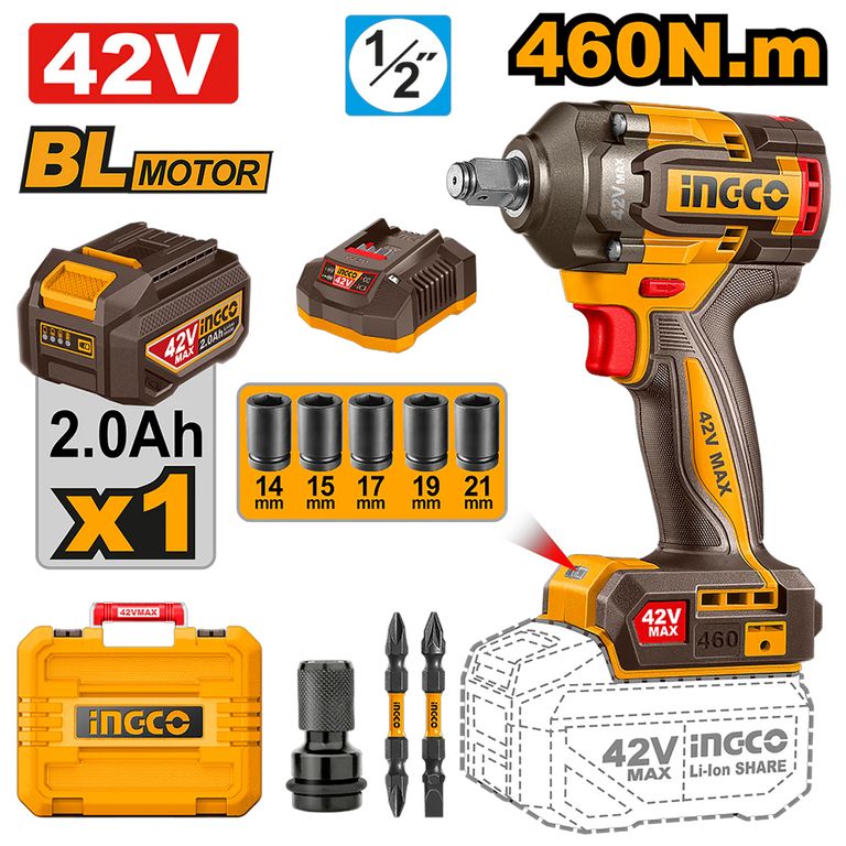 LLAVE DE IMPACTO BRUSHLESS INGCO 42V 460NM 12″ + BATERÍA + CARGADOR CIWLI42461
