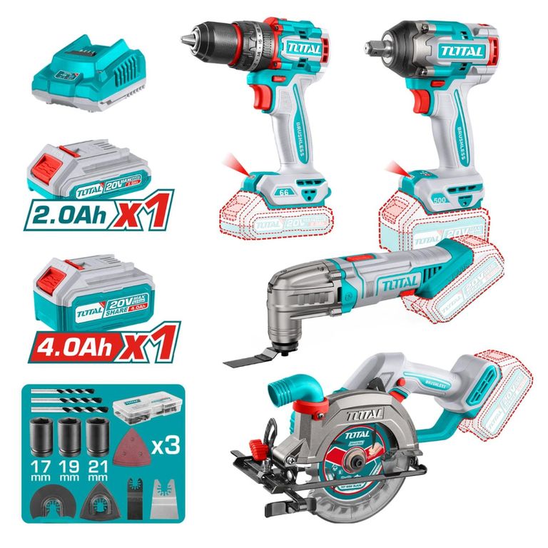 Combo 4 en 1 Taladro 66nm + LLave de Impacto 500nm + Sierra Circular 5-1/2 + Herramienta Multi 20v