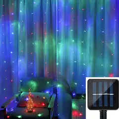 GENERICO - Cascada de Luces led con panel solar Cortina 3mts x 3mts Multicolor
