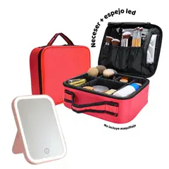 GENERICO - Organizador Neceser Glam con Divisiones + Espejo LED Recargable Maquillaje Pro Regalo Ideal