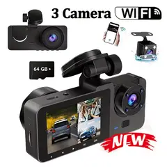 GENERICO - Dashcam Camara Vehicular Auto 1080P - 3 Lentes - CON WIFI + MICRO SD 64GB