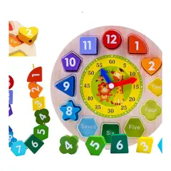 GENERICO - JUEGO DIDACTICO RELOJ DE MADERA CON ENCAJE Y ENHEBRADO