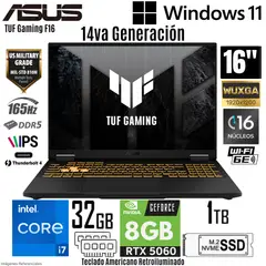 ASUS - Laptop TUF Gaming F16 FX608JMR Intel Core i7 14650HX 32GB RAM 1TB SSD RTX 5060-8GB 16" WUXGA
