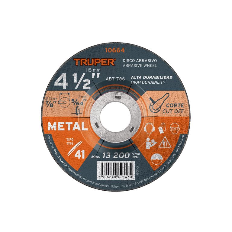 Disco abrasivo de 4-1/2" para corte de metal, tipo 41, 10664