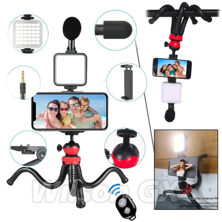 Kit Grabación Tripode Pulpo Micrófono Control Luz Tiktok Vlogger