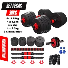 HOLGU - Set 30kg Convertible a Barra y Pesa Rusa + Rueda AB + Soga de Saltar + Guantes gratis