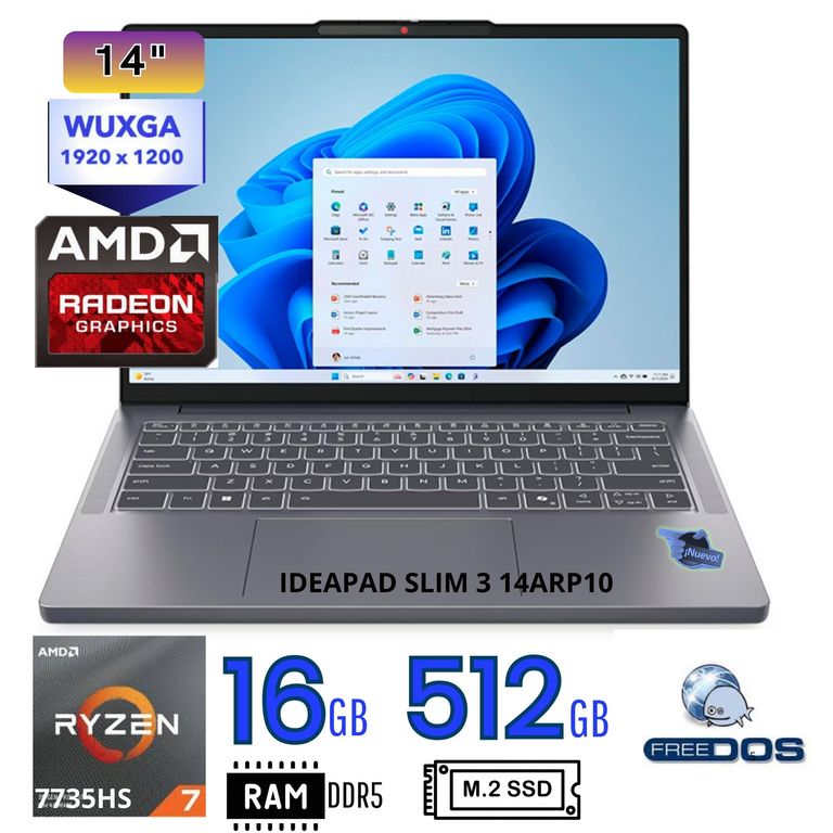 Laptop ,IDEAPAD SLIM 3 14ARP10, AMD RYZEN 7 7735HS , Ram 16GB, SSD 512GB. 14"WUXGA