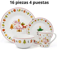 ICHIMATSU - Juego de Loza con Decoración "Merry Christmas" Rojo 16 Piezas