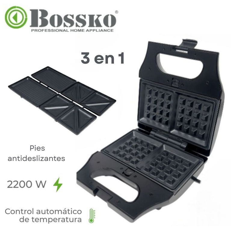 Sandwichera Intercambiables para Waffles y Grill 3 en 1 Negro
