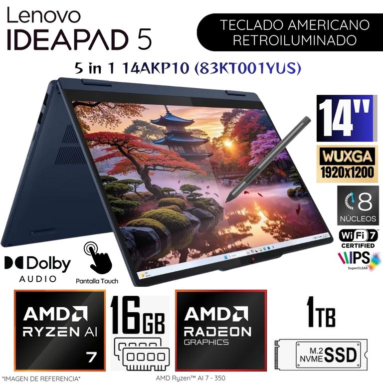 Laptop IdeaPad 5 2 en 1 14AKP10 AMD Ryzen AI 7 350 16GB DDR5 RAM 1TB SSD 14" WUXGA Touch
