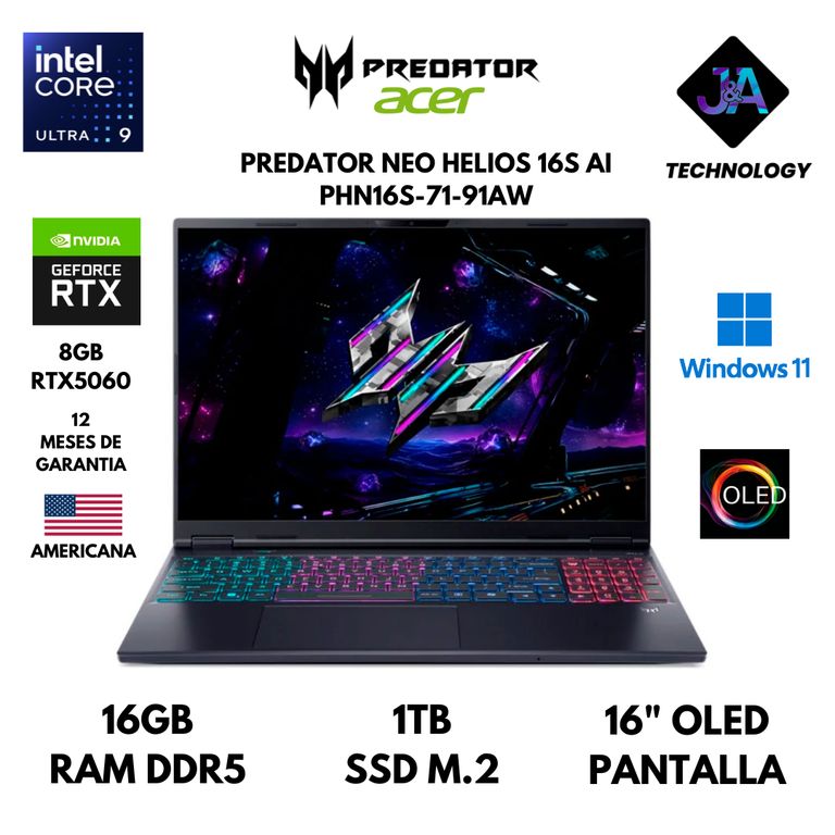 LAPTOP PREDATOR HELIOS NEO 16S ULTRA 9 275HX 16GB 1TB SSD 8GB RTX5060 16" OLED WIN 11 AMERICANA