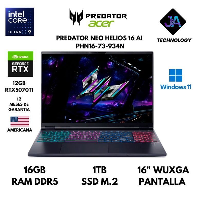 LAPTOP PREDATOR HELIOS NEO 16 ULTRA 9 275HX 32GB 1TB SSD 12GB RTX5070TI 16" WIN 11 AMERICANA