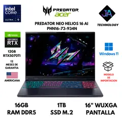 ACER - LAPTOP PREDATOR HELIOS NEO 16 ULTRA 9 275HX 32GB 1TB SSD 12GB RTX5070TI 16" WIN 11 AMERICANA