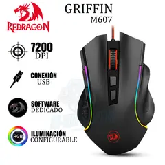 REDRAGON - MOUSE GAMER GRIFFIN M607 BLACK RGB - 7200 DPI