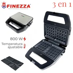 FINEZZA - Wafflera FZ-829W3 Intercambiables para Sandwichera y Grill 3 en 1 Negro