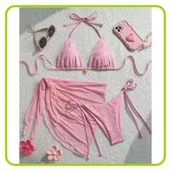 GENERICO - Conjunto Bikini Con Pareo 3 Piezas Rosado Con Flores