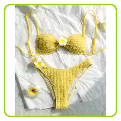GENERICO - Conjunto Bikini Dos Piezas Amarillo Con Adorno Flores