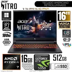 ACER - Laptop Nitro V16 AI ANV16-42-R96P AMD Ryzen 7 260 16GB RAM 512GB SSD RTX 5050-8GB 16" WUXGA