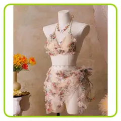 GENERICO - Conjunto Bikini Con Pareo 3 Piezas Floral Vintage
