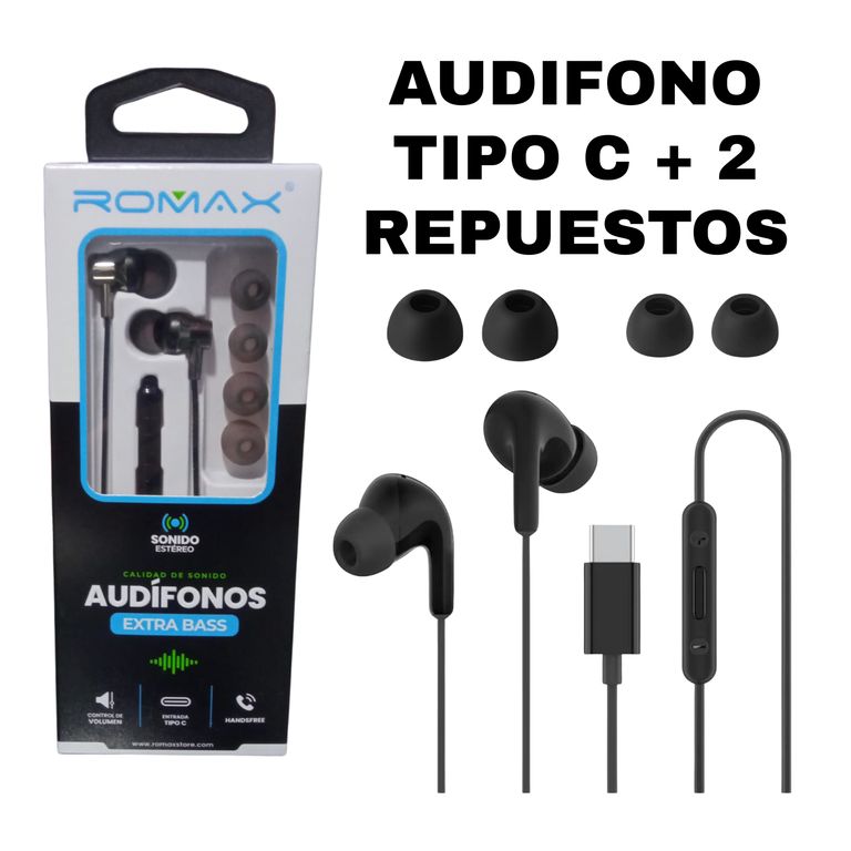 AUDIFONO TIPO C NEGRO EXTRA BASS CON 2 REPUESTOS Y CONTROL VOLUMEN TCA0367