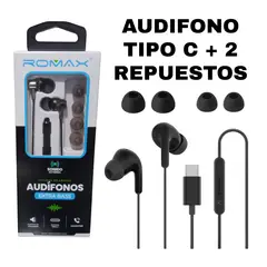 ROMAX - AUDIFONO TIPO C NEGRO EXTRA BASS CON 2 REPUESTOS Y CONTROL VOLUMEN TCA0367