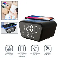 GENERICO - Reloj y Despertador con Carga Inalámbrica para Celular Alarma y Temperatura